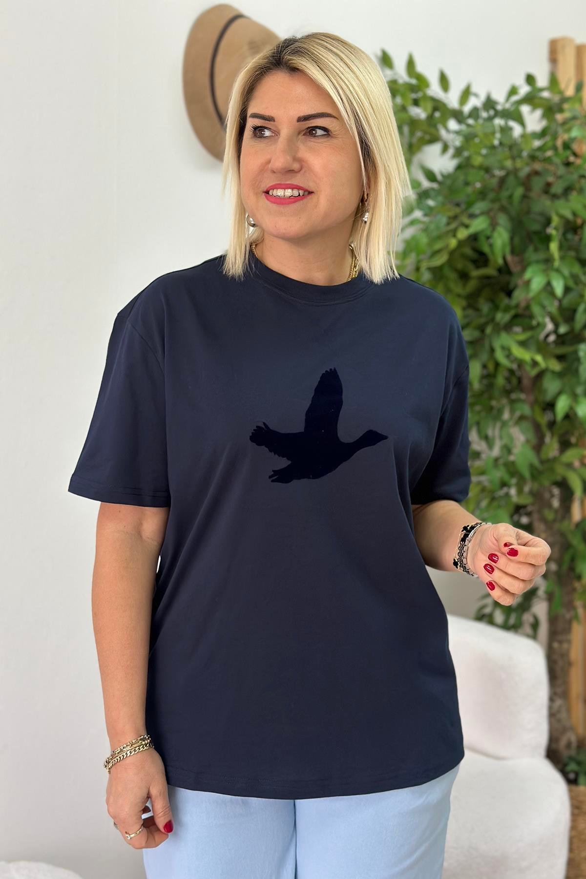 Lacivert Flok Baskı Cotton TShirtUTS25002060-LACIVERT-S