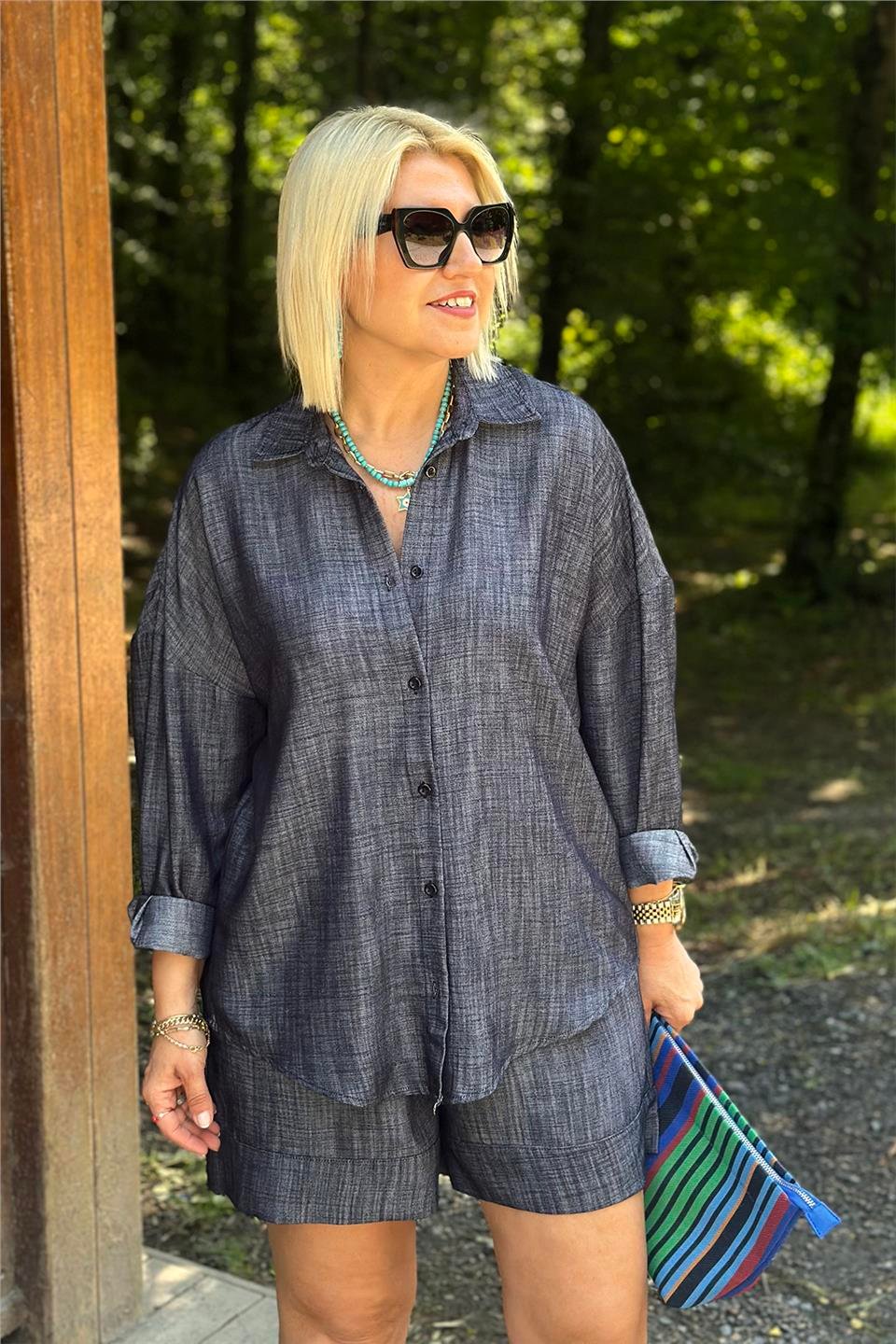 Lacivert Gömlek Şortlu Cotton TakımUTK2501160-LACIVERT-S
