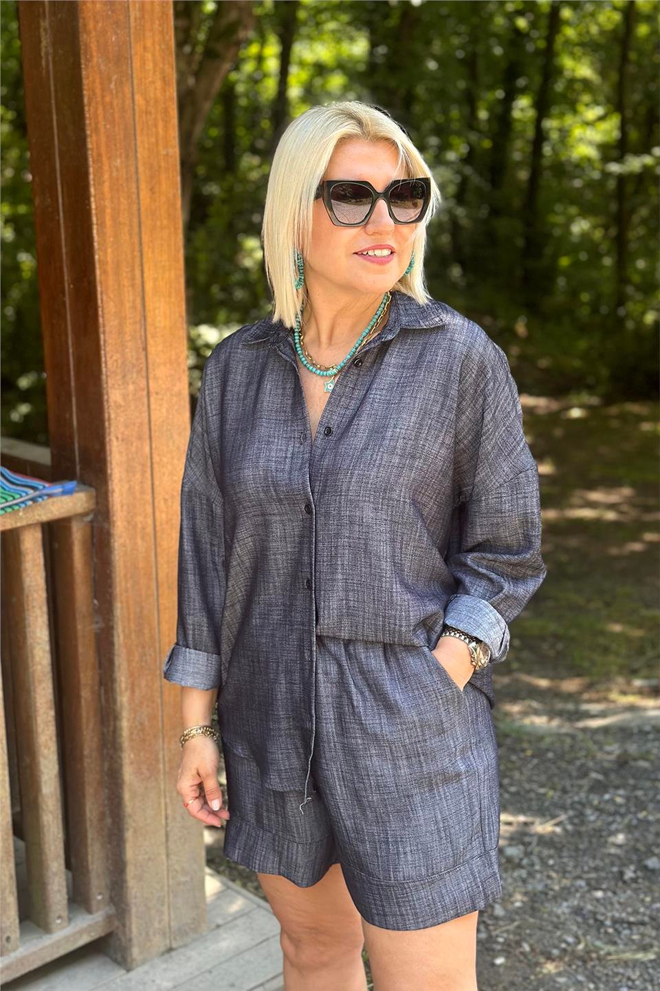 Lacivert Gömlek Şortlu Cotton TakımUTK2501160-LACIVERT-S
