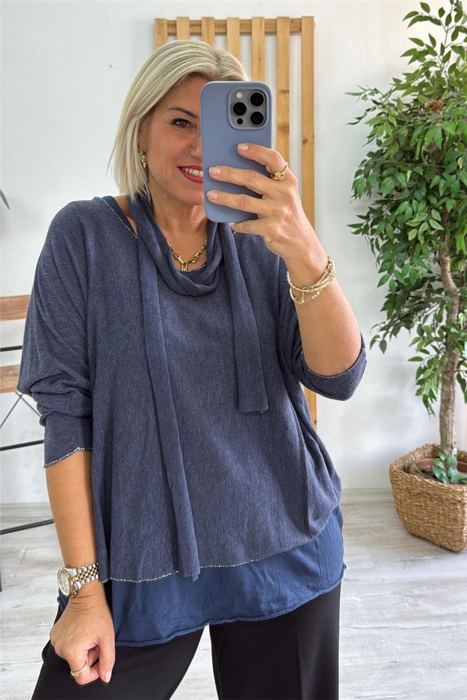 Lacivert İçi Tshirt Detay Fularlı Pamuk BluzUBL2412254-LACIVERT-STD