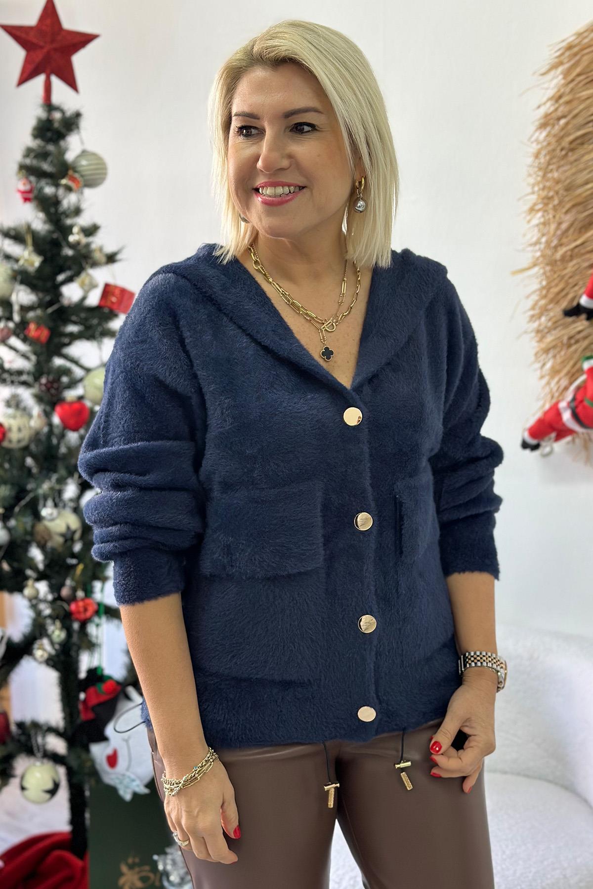 Lacivert Kapşonlu Gold Düğmeli Angora HırkaDK2230144-LACIVERT-STD