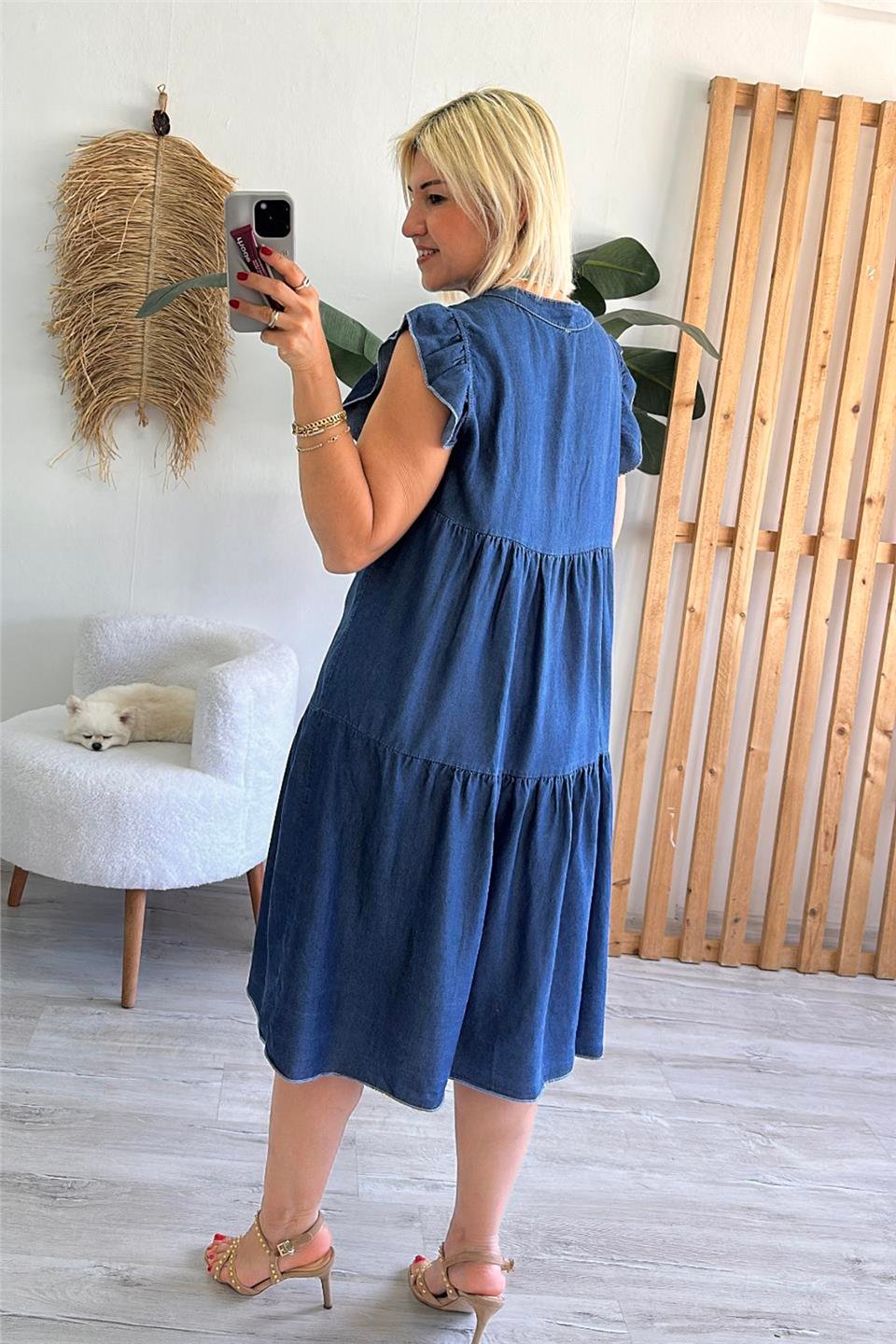 Lacivert Kolsuz Fırfırlı V Yaka Salaç İnce Denim ElbiseELB2401252-LACIVERT-STD