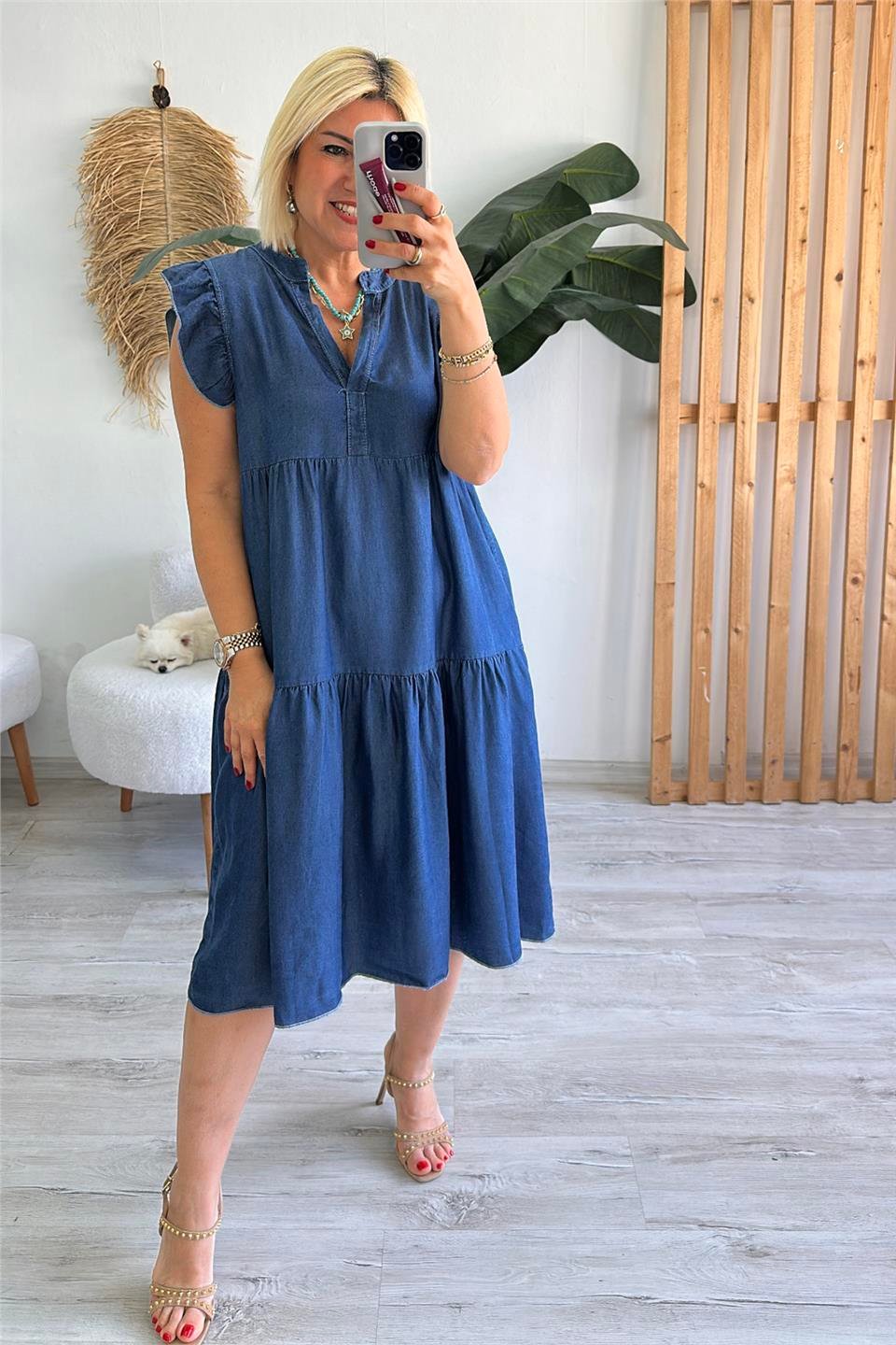 Lacivert Kolsuz Fırfırlı V Yaka Salaç İnce Denim ElbiseELB2401252-LACIVERT-STD