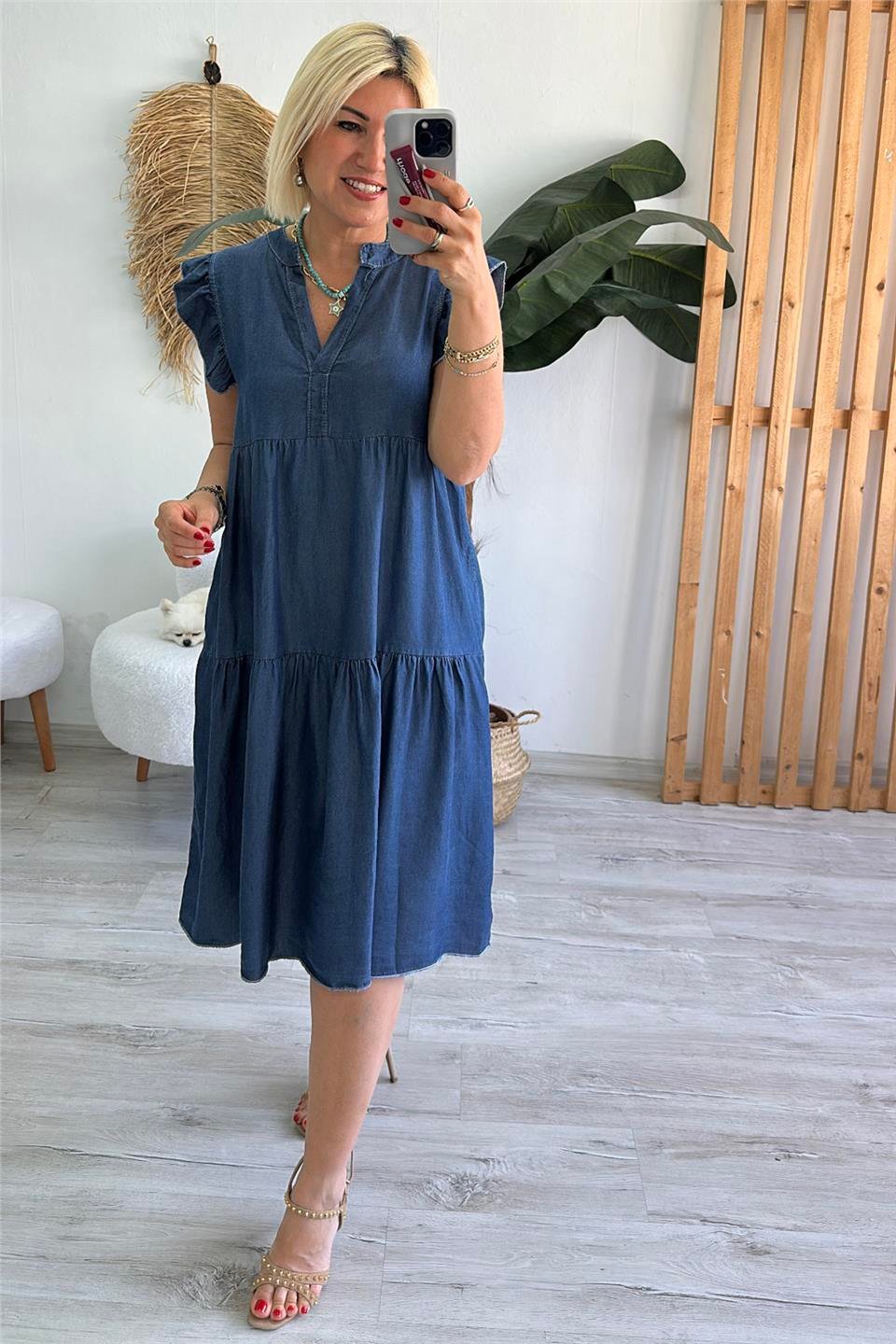 Lacivert Kolsuz Fırfırlı V Yaka Salaç İnce Denim ElbiseELB2401252-LACIVERT-STD