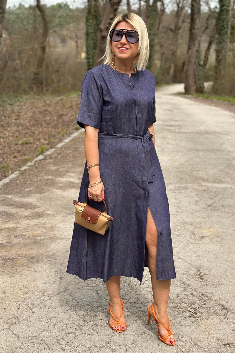 Lacivert Kuşaklı Tansel Denim Gömlek ElbiseELB2401223-LACIVERT-S