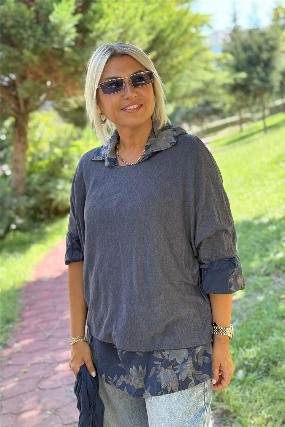 Lacivert Manolya Desen Gömlekli Pamuklu BluzUBL2412245-LACIVERT-STD