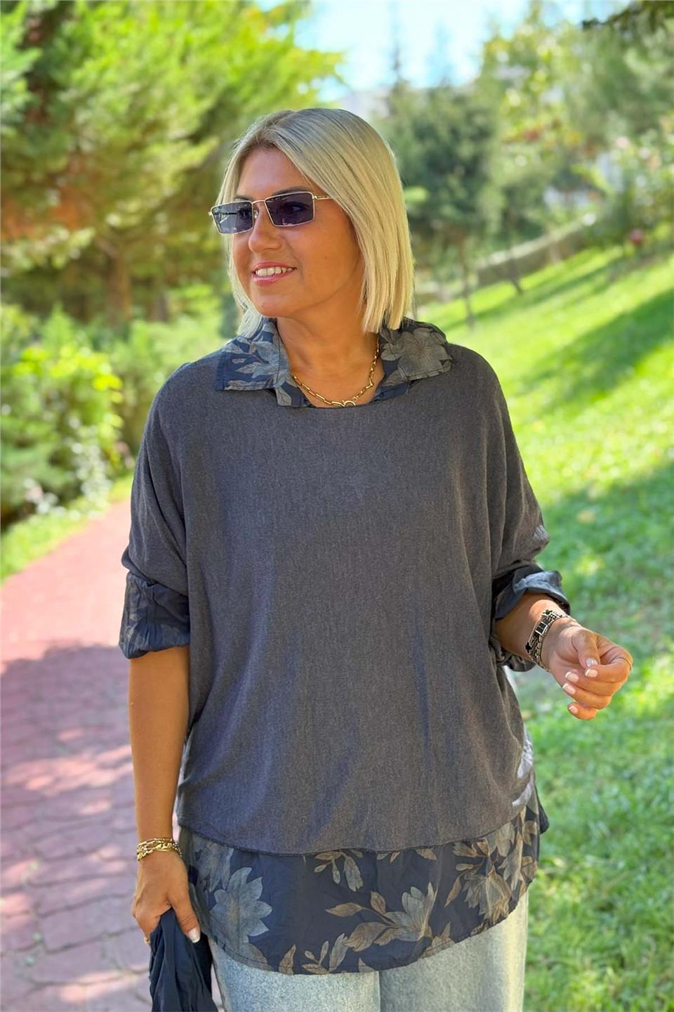 Lacivert Manolya Desen Gömlekli Pamuklu BluzUBL2412245-LACIVERT-STD
