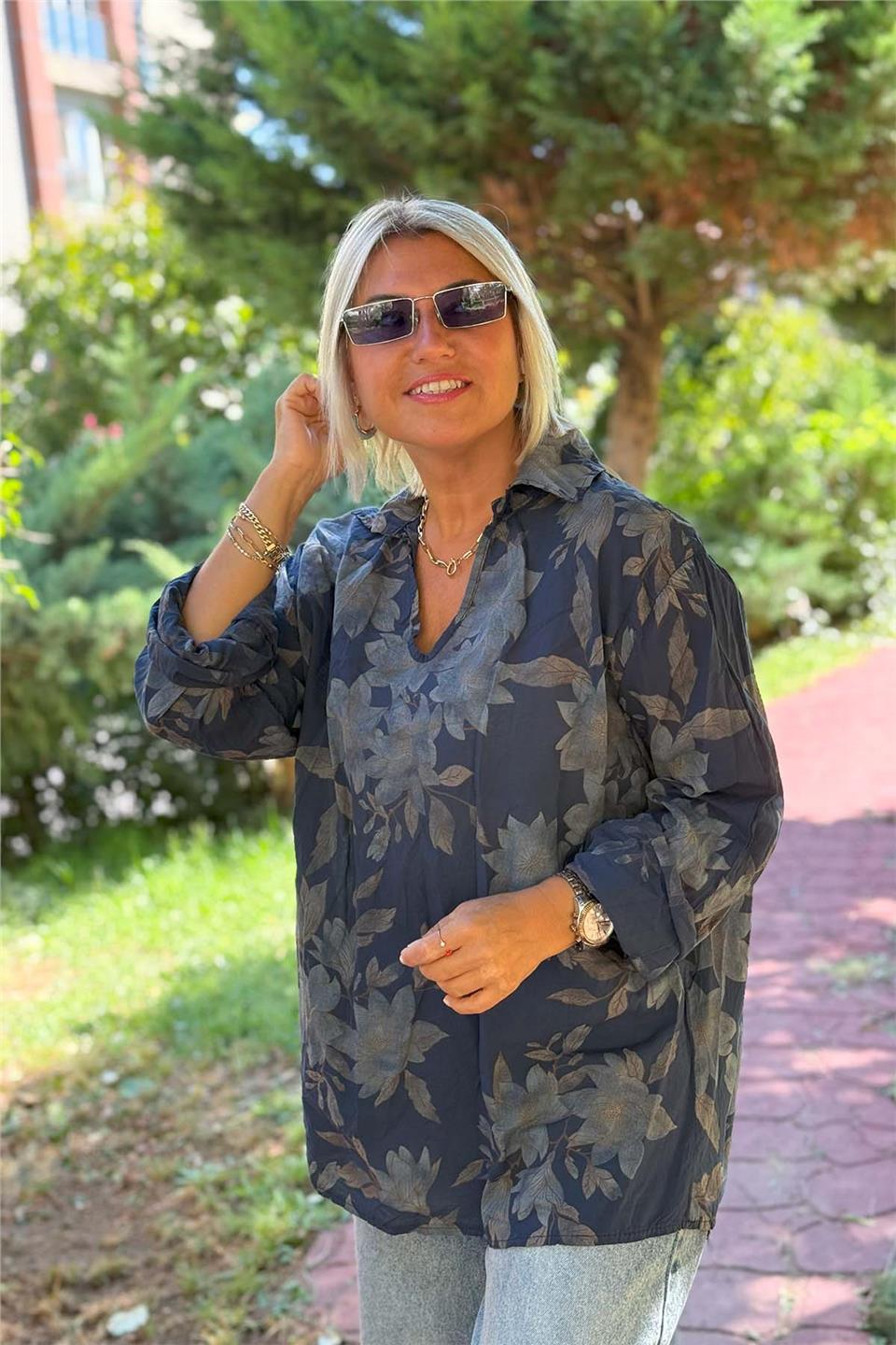 Lacivert Manolya Desen Gömlekli Pamuklu BluzUBL2412245-LACIVERT-STD