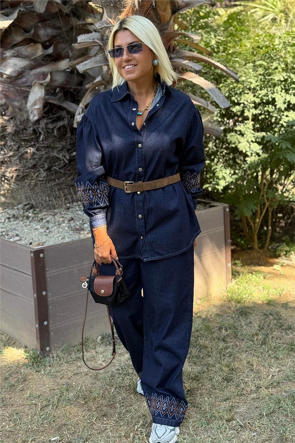 Lacivert Nakışlı Bol Paça Gömlekli Denim İkili TakımUTK2501170-LACIVERT-S