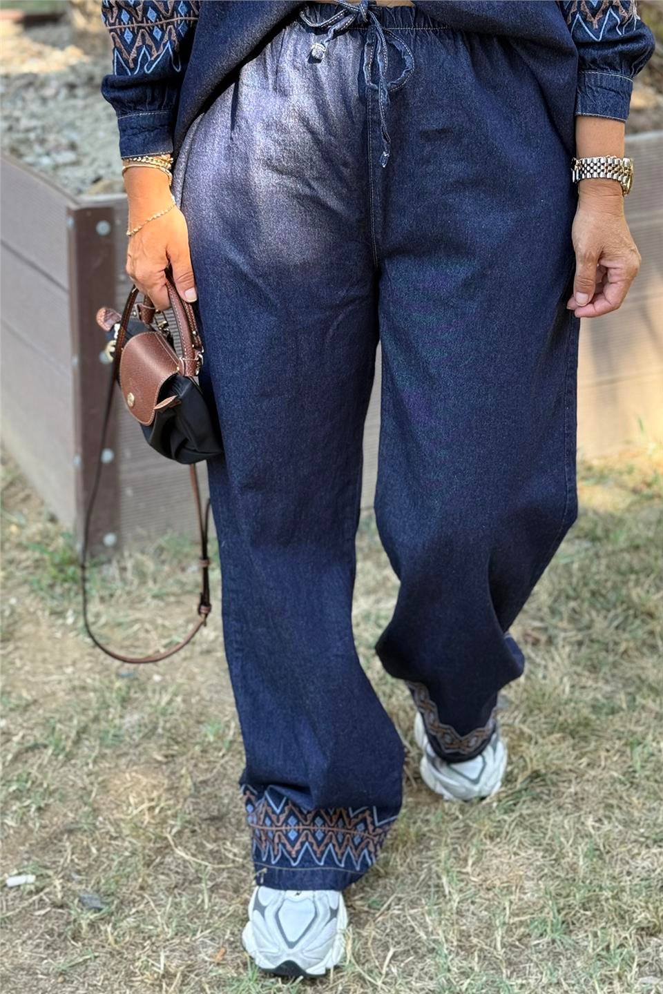Lacivert Nakışlı Bol Paça Gömlekli Denim İkili TakımUTK2501170-LACIVERT-S