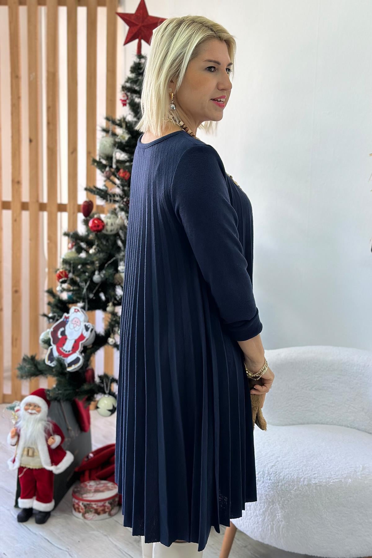 Lacivert Pileli Örme Triko Kolyeli ElbiseELB2401210-LACIVERT-STD