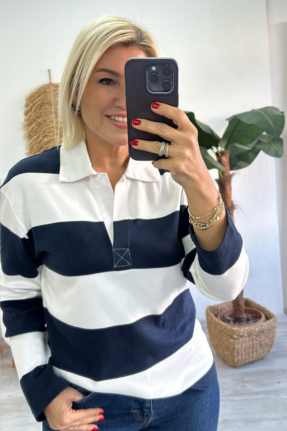 Lacivert Polo Yaka Çizgili Uzun Kol TshirtUTS241130-LACIVERT-S
