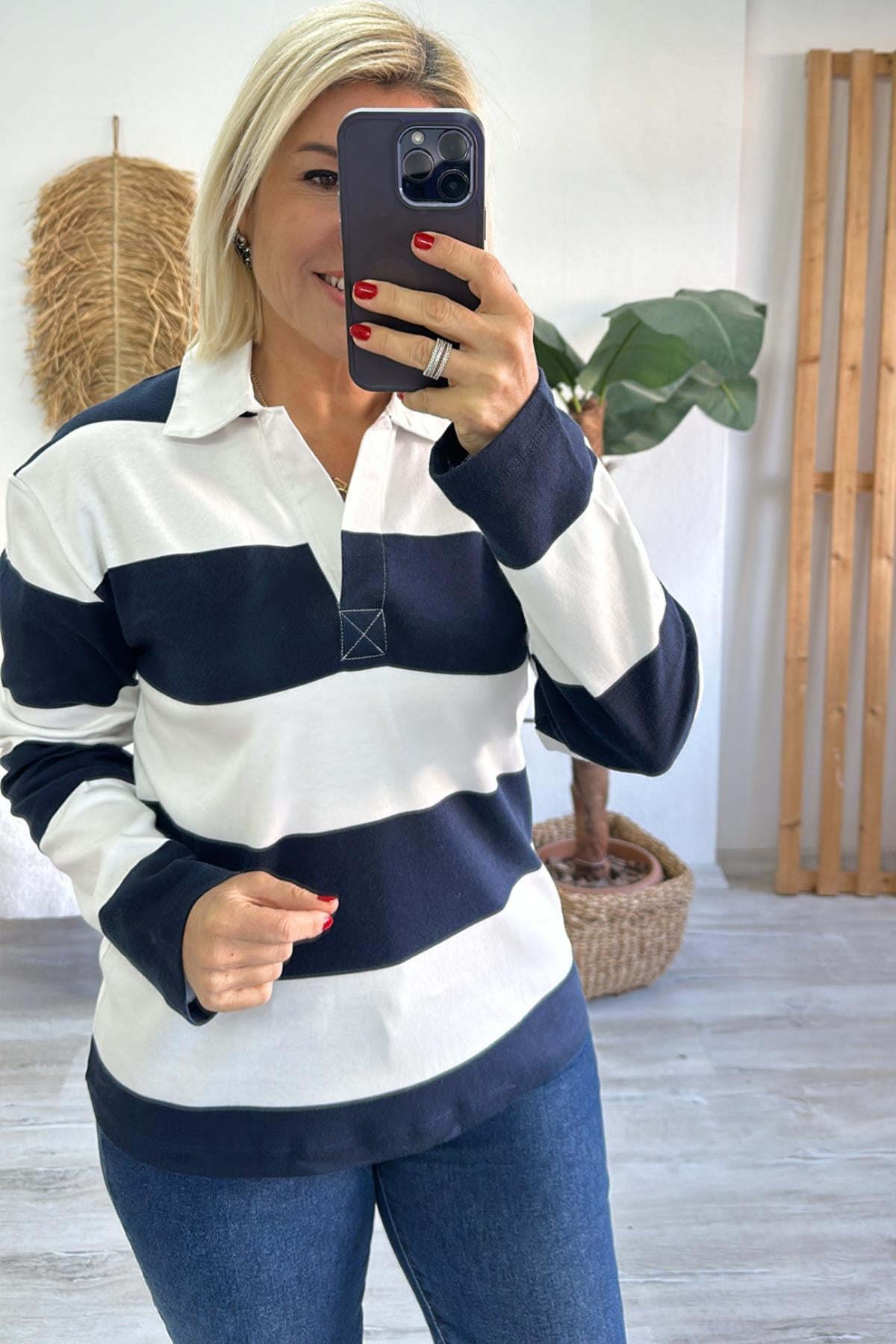Lacivert Polo Yaka Çizgili Uzun Kol TshirtUTS241130-LACIVERT-S