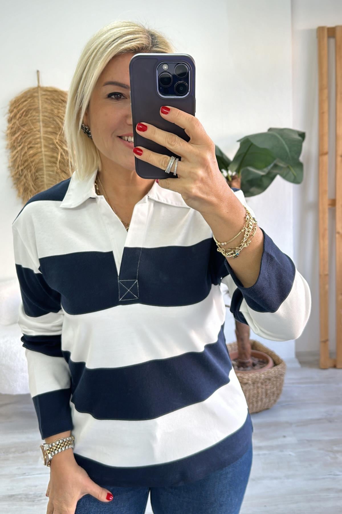 Lacivert Polo Yaka Çizgili Uzun Kol TshirtUTS241130-LACIVERT-S