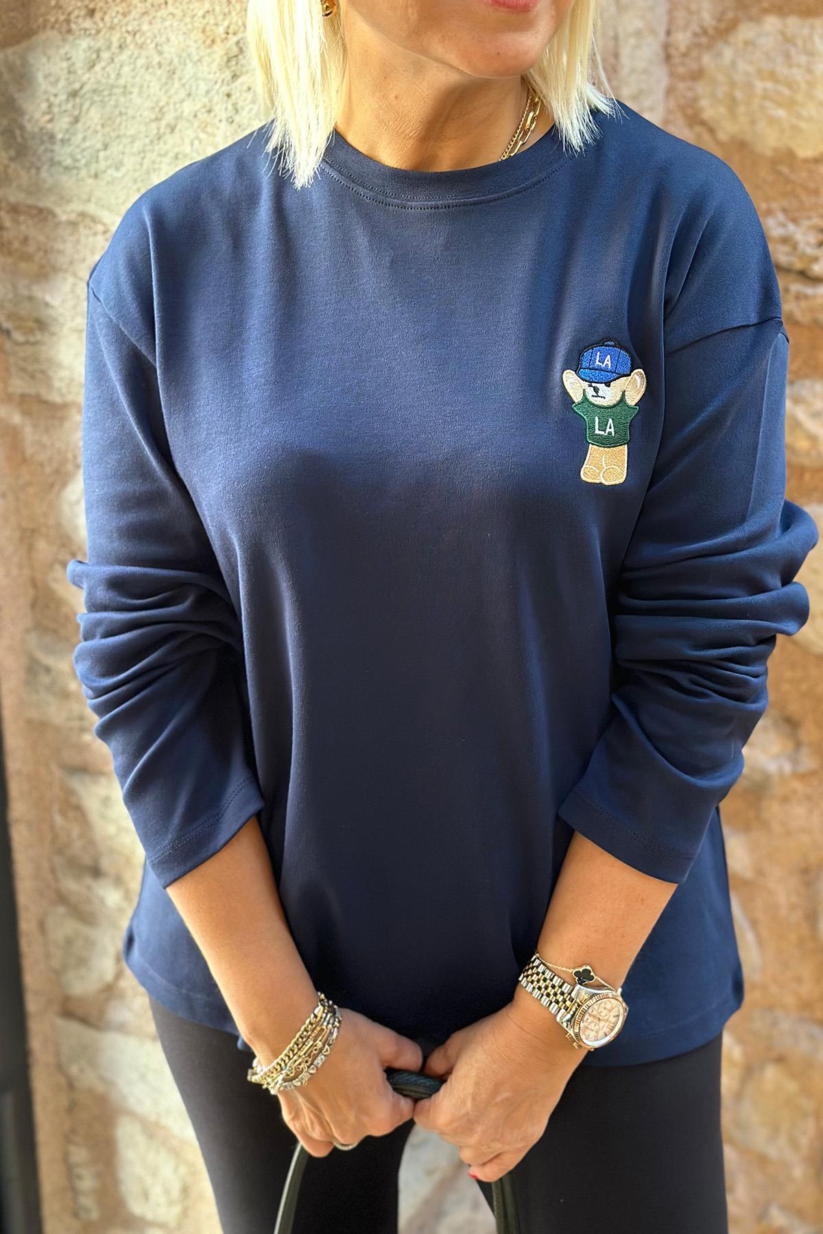 Lacivert Teddy Nakışlı Uzun Kol Penye TshirtUY217077-LACIVERT-STD