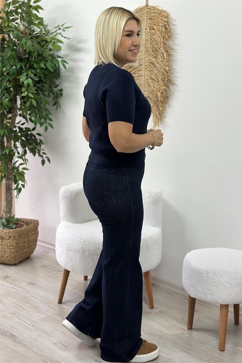 Lacivert Yüksek Bel Lastikli Palozzo Denim PantolonAJNS2501212-LACIVERT-34