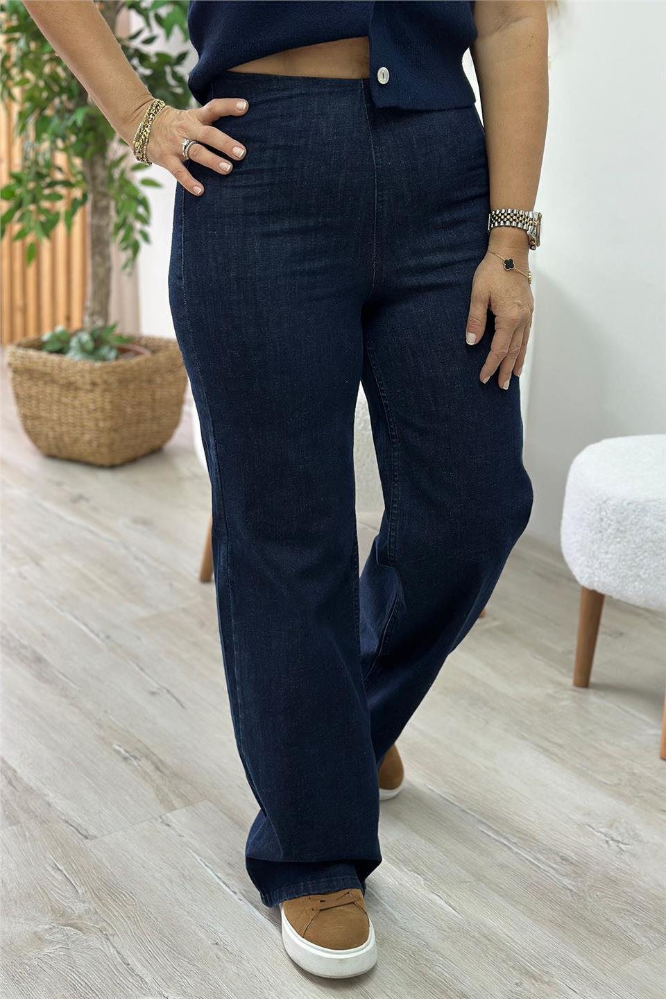 Lacivert Yüksek Bel Lastikli Palozzo Denim PantolonAJNS2501212-LACIVERT-34