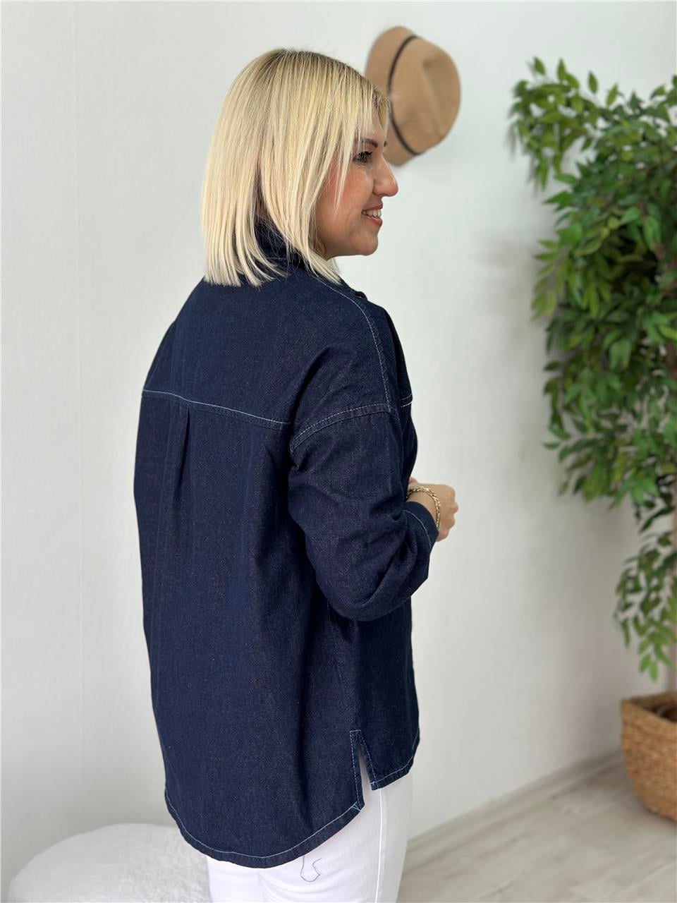 Lacivert Zincir Şerit Detaylı Denim GömlekUG02412110-LACIVERT-S
