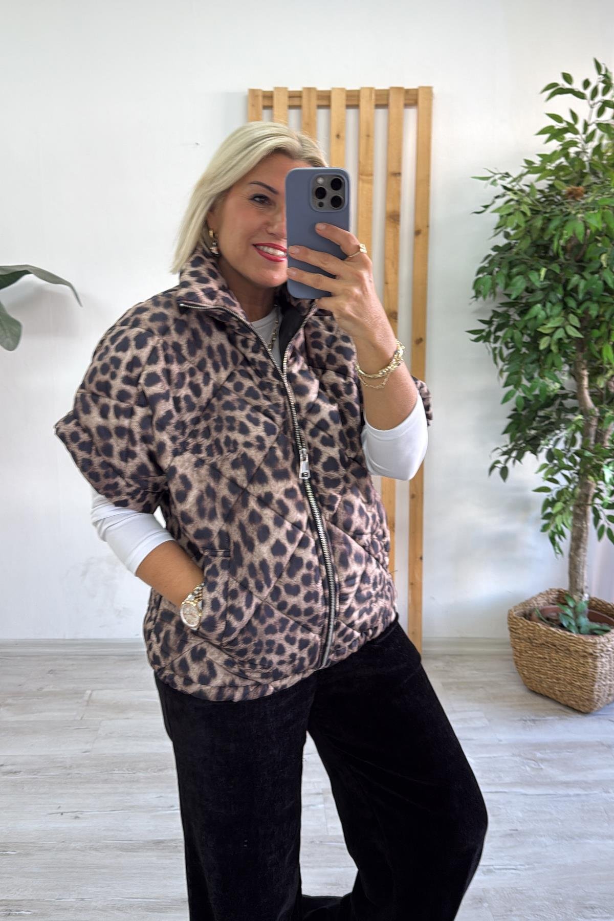 Leopar Desenli Cepli Şişme YelekDYL25000135-KAHVE-STD