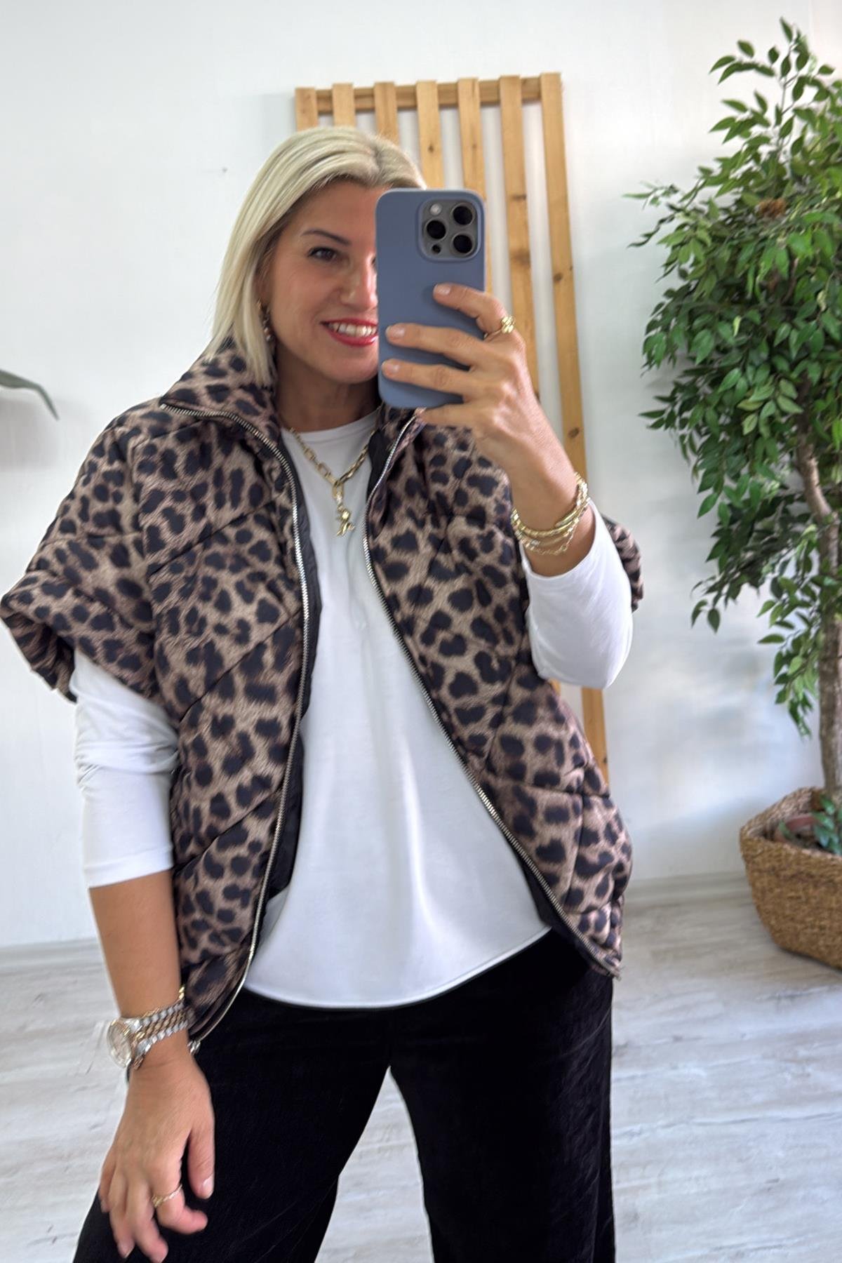 Leopar Desenli Cepli Şişme YelekDYL25000135-KAHVE-STD