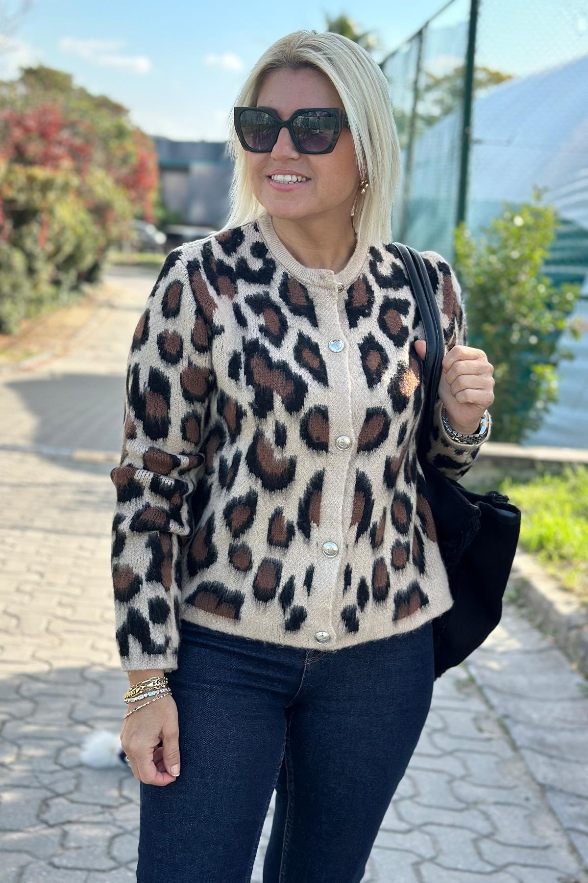 Leopar Düğmeli Yumoş HırkaDK2230151-KAHVERENGI-STD