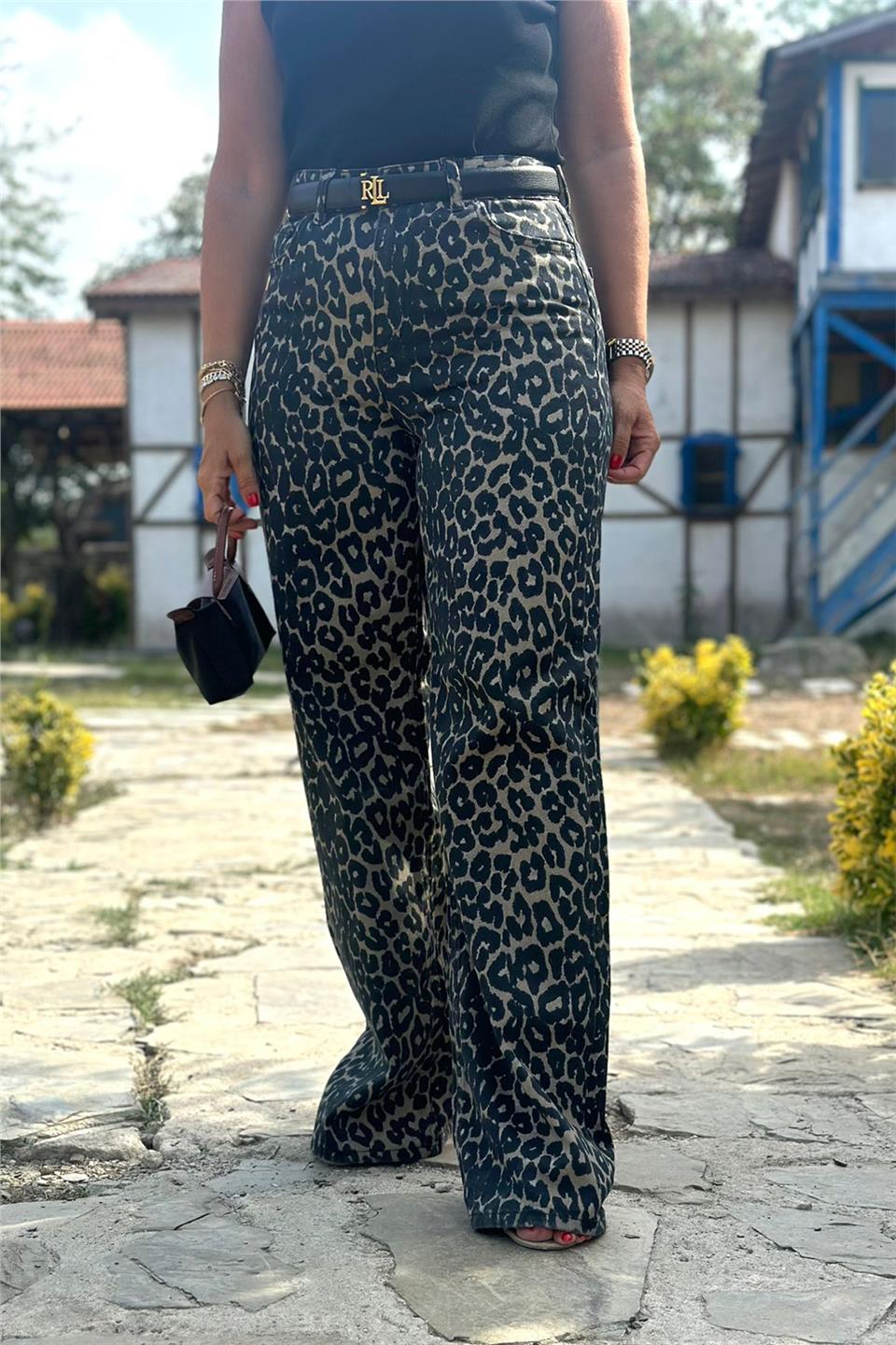Leopar Palazzo Pantolon AK224049-KAHVERENGI-XS