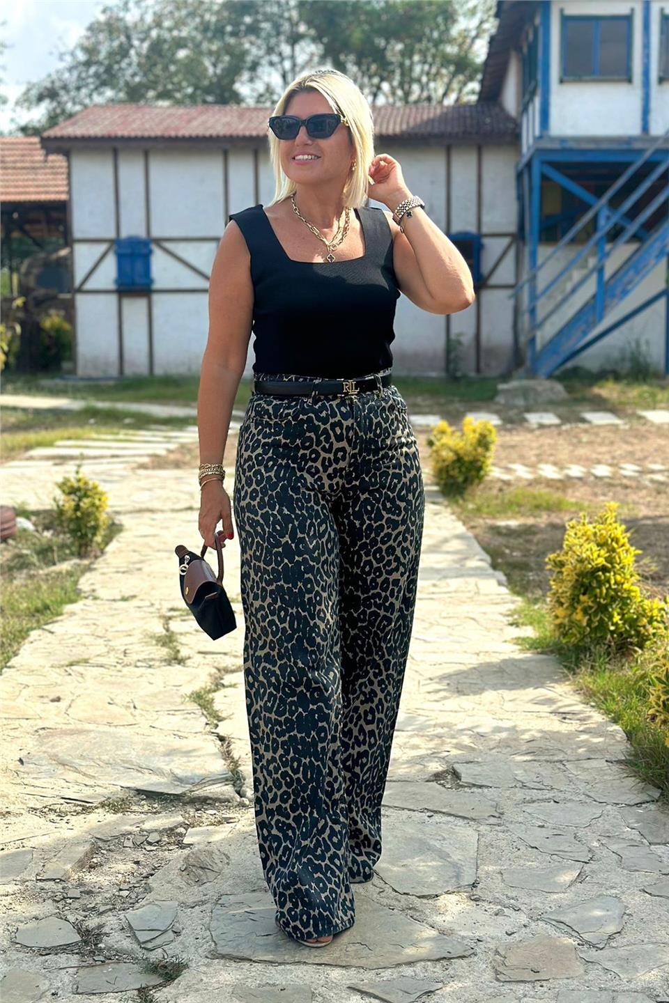 Leopar Palazzo Pantolon AK224049-KAHVERENGI-XS
