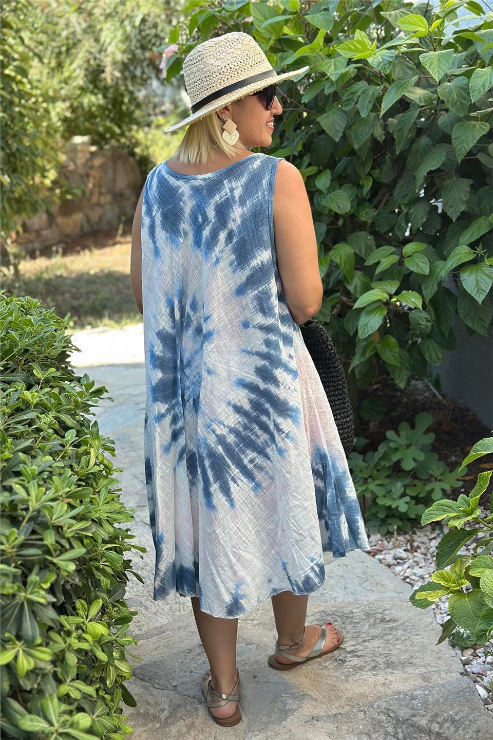 Mavi Batik Spiral Desen Kolsuz Pamuk ElbiseELB2401310-MAVI-STD