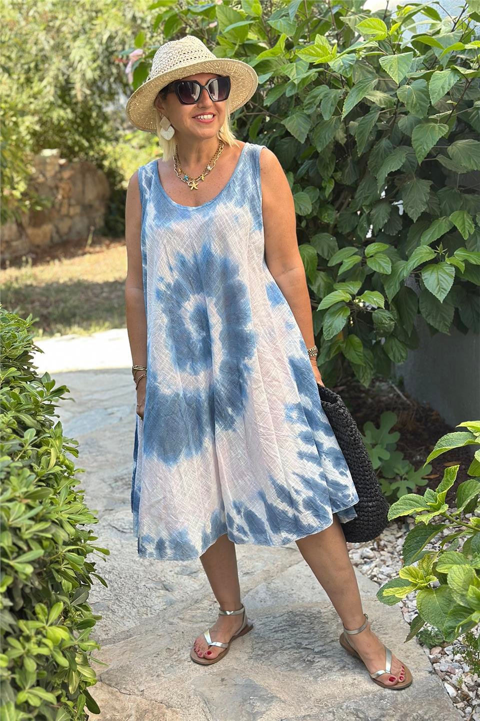 Mavi Batik Spiral Desen Kolsuz Pamuk ElbiseELB2401310-MAVI-STD