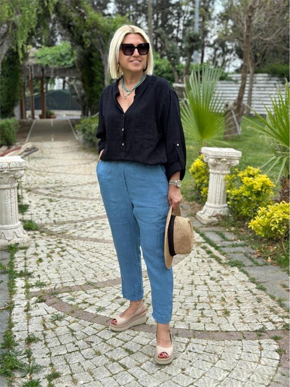 Mavi Beli Kemer Detaylı Keten Pantolon AK224047-Mavi