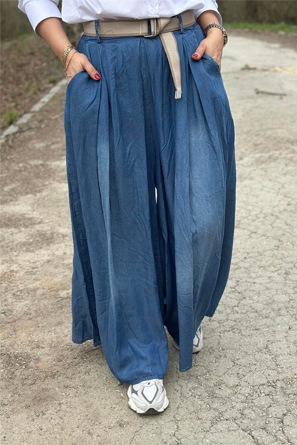 Mavi Beli Kemerli Bol Paça Denim PantolonAJNS2501215-MAVI-STD