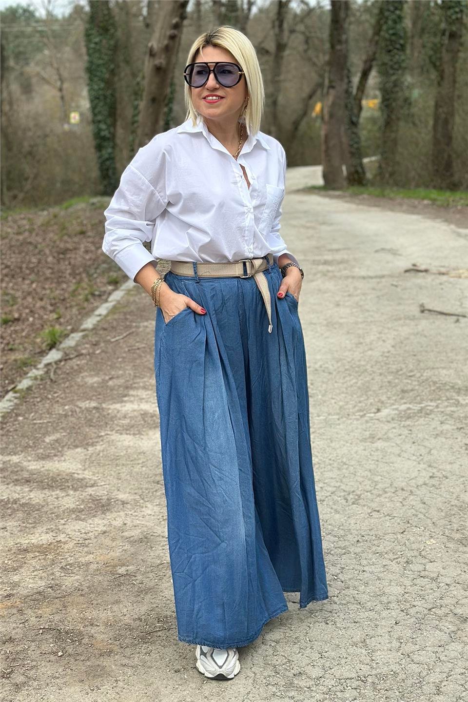 Mavi Beli Kemerli Bol Paça Denim PantolonAJNS2501215-MAVI-STD