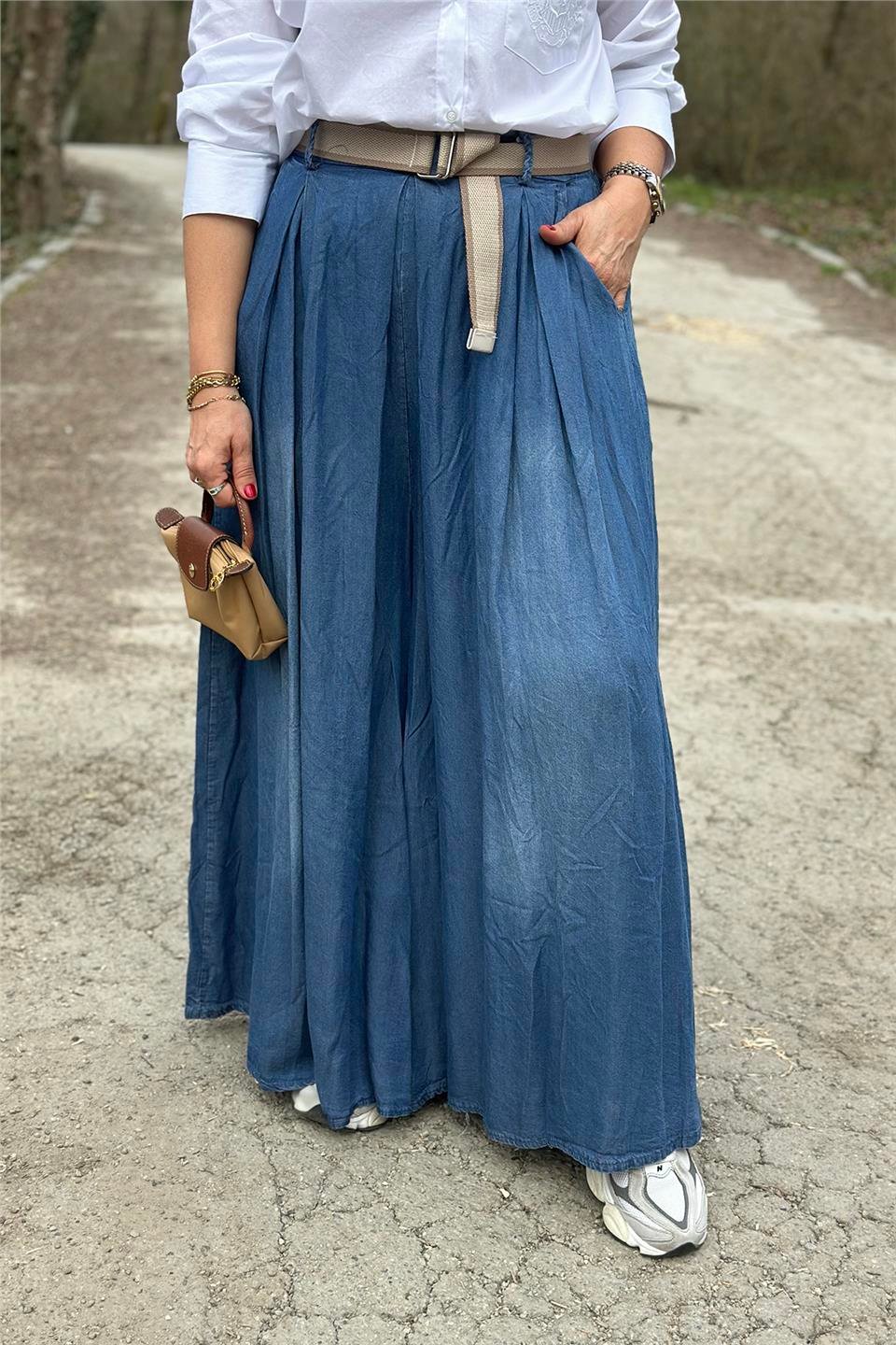 Mavi Beli Kemerli Bol Paça Denim PantolonAJNS2501215-MAVI-STD