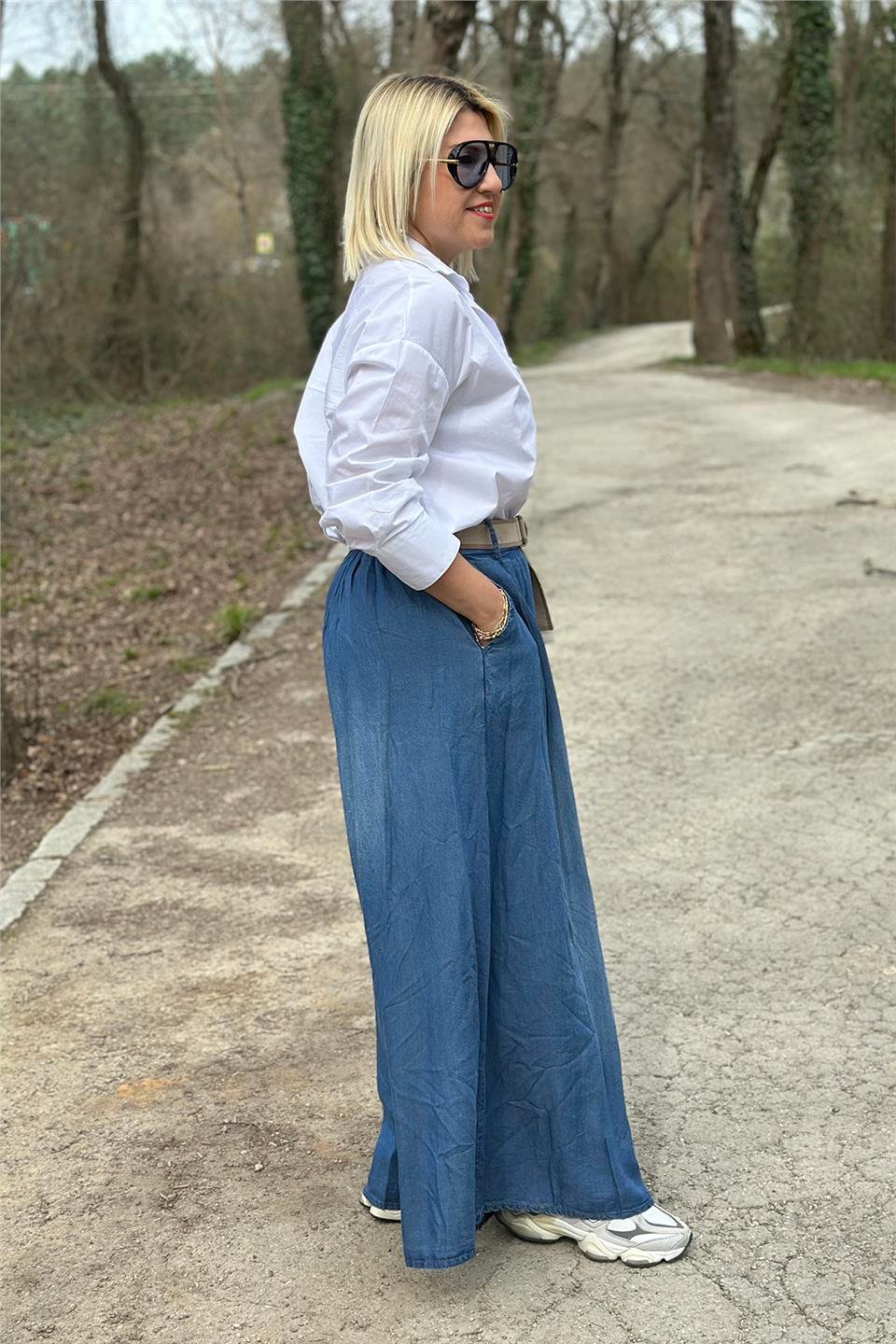 Mavi Beli Kemerli Bol Paça Denim PantolonAJNS2501215-MAVI-STD