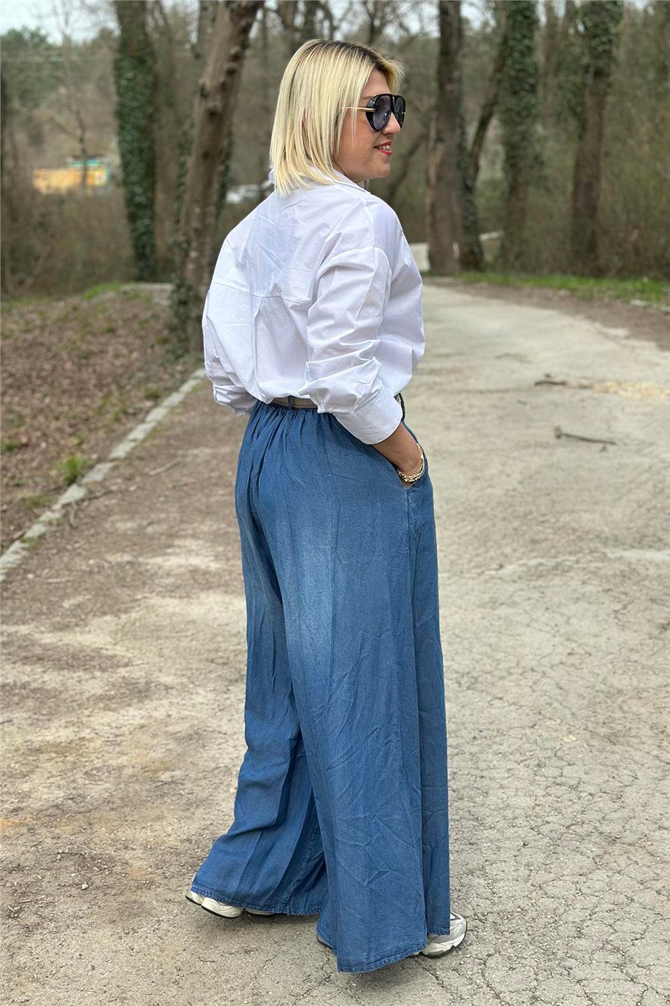 Mavi Beli Kemerli Bol Paça Denim PantolonAJNS2501215-MAVI-STD