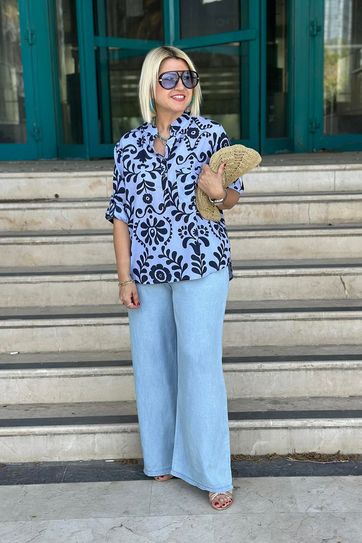 Mavi Beli Kemerli Bol Paça İnce Denim PantolonUK224048118-MAVI-STD