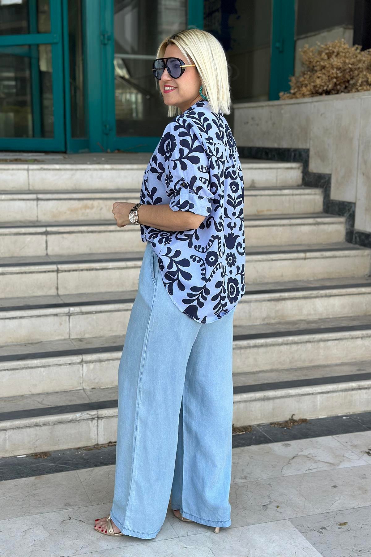 Mavi Beli Kemerli Bol Paça İnce Denim PantolonUK224048118-MAVI-STD