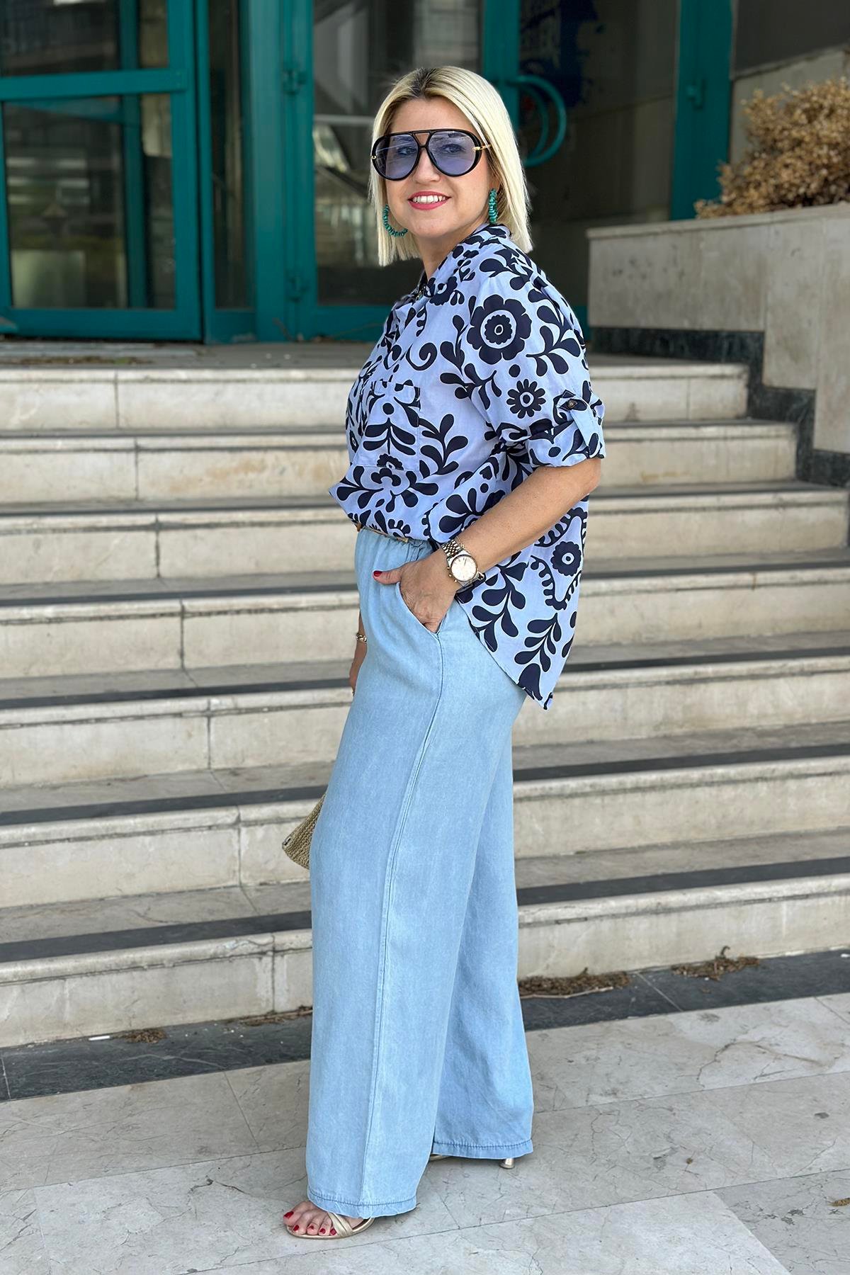 Mavi Beli Kemerli Bol Paça İnce Denim PantolonUK224048118-MAVI-STD