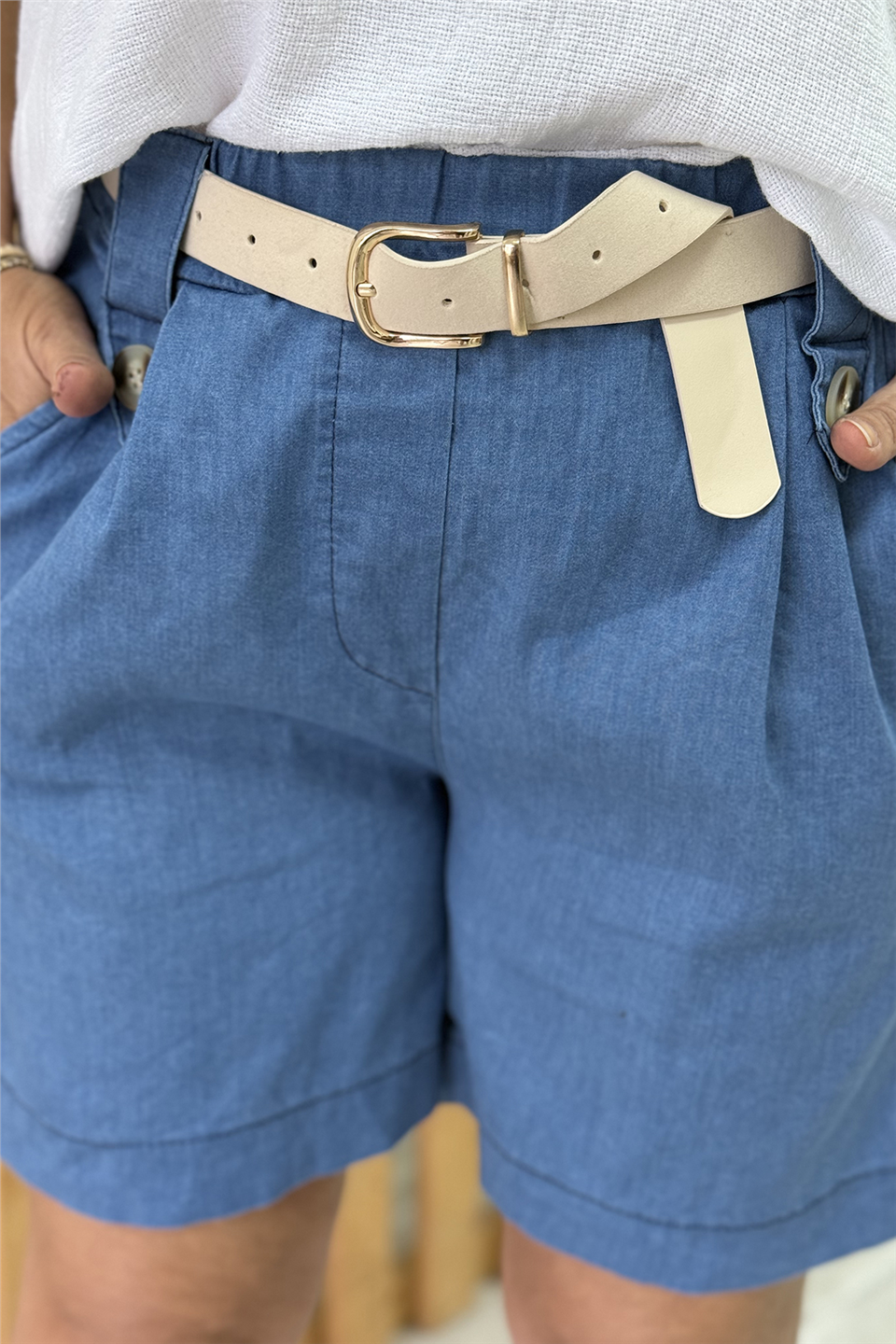 Mavi Beli Kemerli Lycralı Denim İthal ŞortASR25020530-MAVI-STD