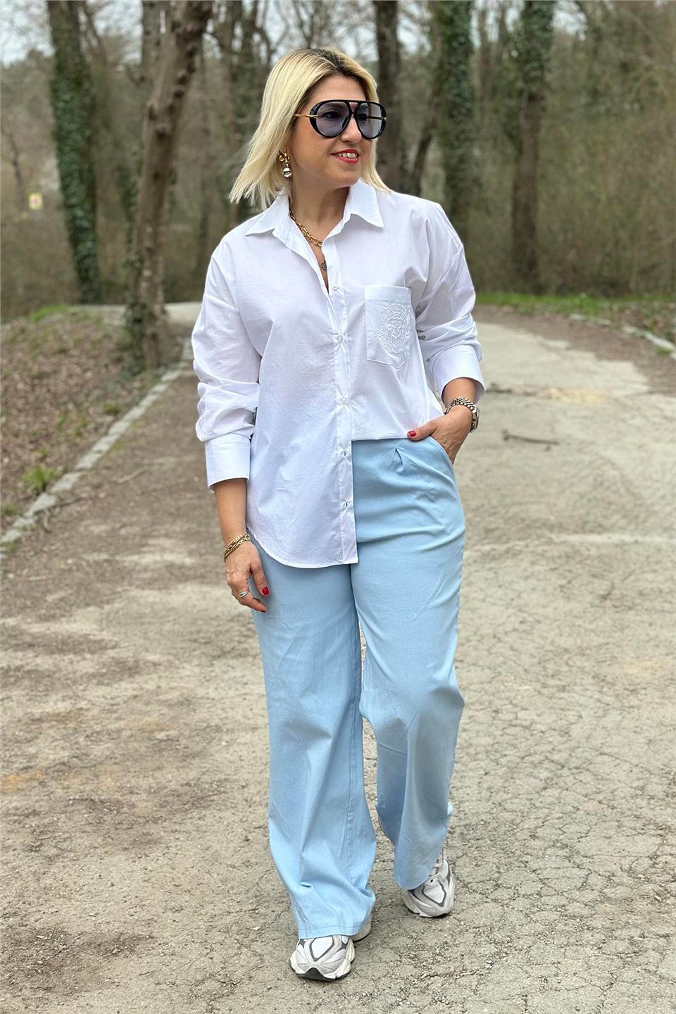 Mavi Beli Lastikli Bol Paça Full Lycralı PantolonUK224048114-MAVI-STD