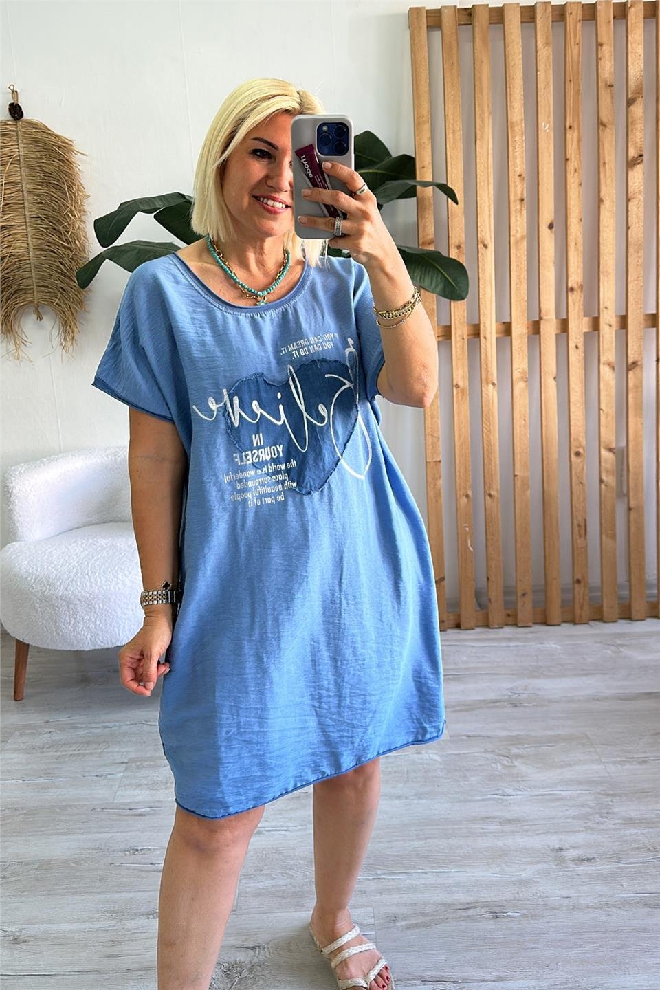 Mavi Bisiklet Yaka Baskılı Ön Cotton Sırt Penye ElbiseELB2401281-MAVI-STD