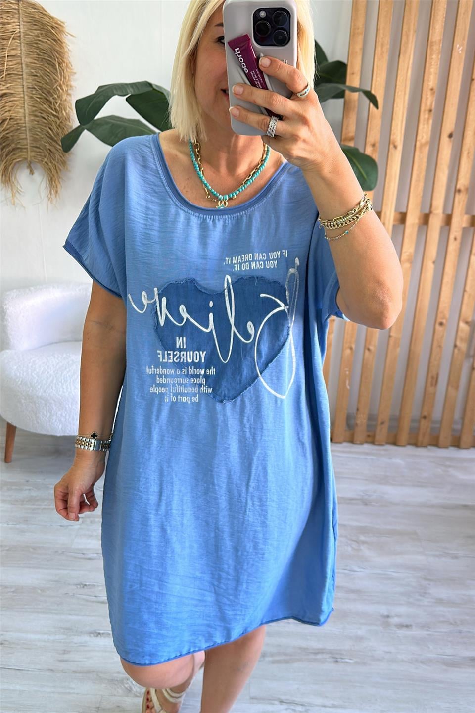 Mavi Bisiklet Yaka Baskılı Ön Cotton Sırt Penye ElbiseELB2401281-MAVI-STD