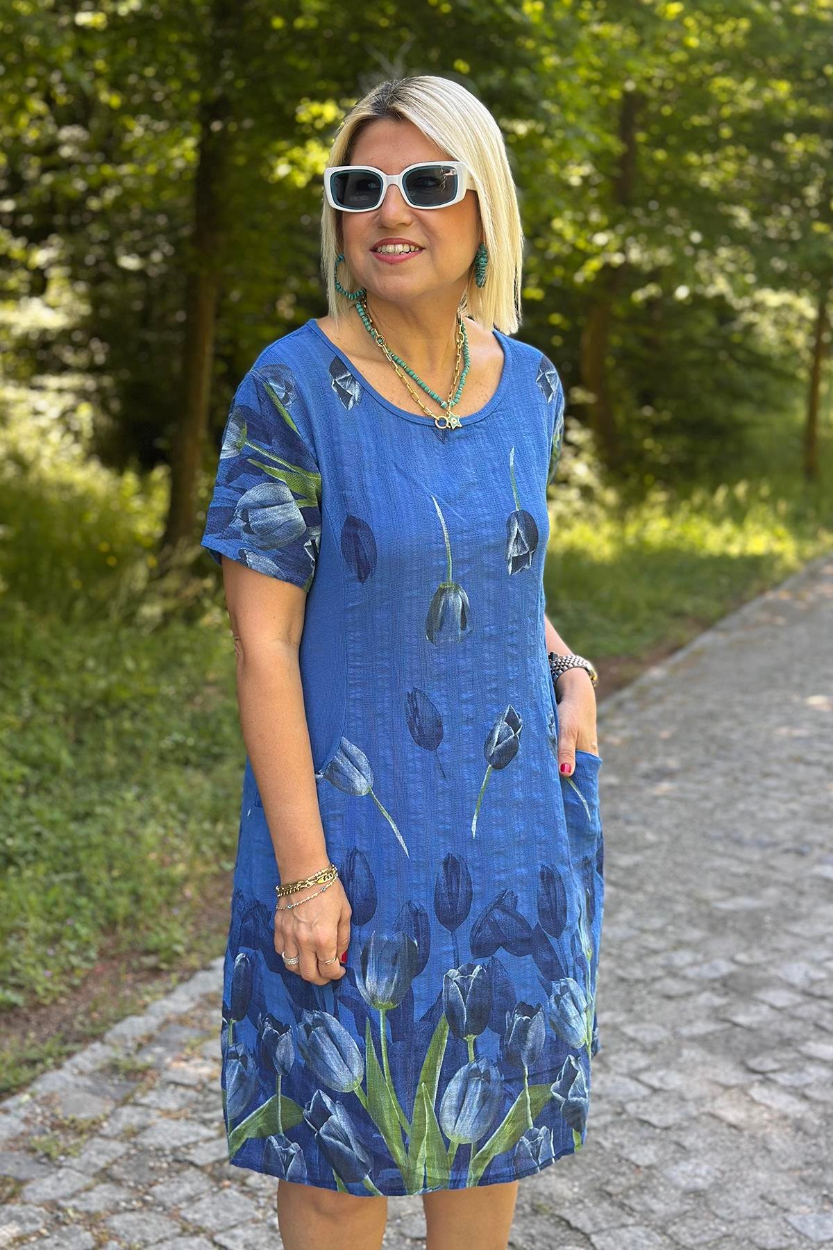 Mavi Bisiklet Yaka Cepli Lale Desen Pamuk Keten ElbiseUK22321211175-MAVI-STD