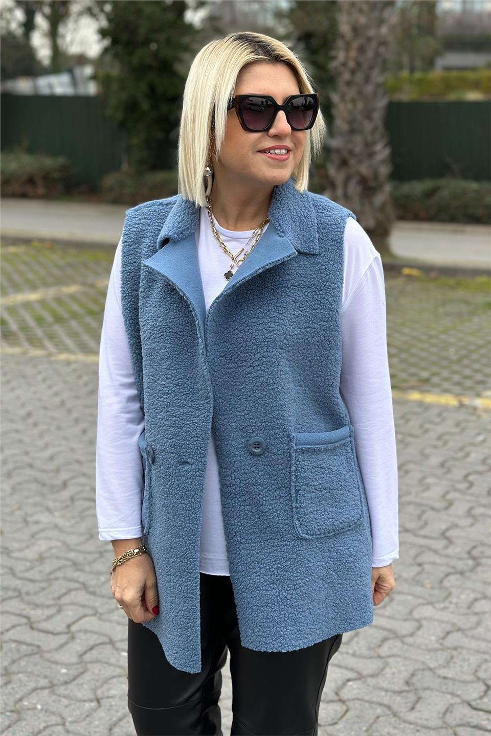 Mavi Cepli Tek Düğmeli Buklet YelekDYL25000121-MAVI-STD