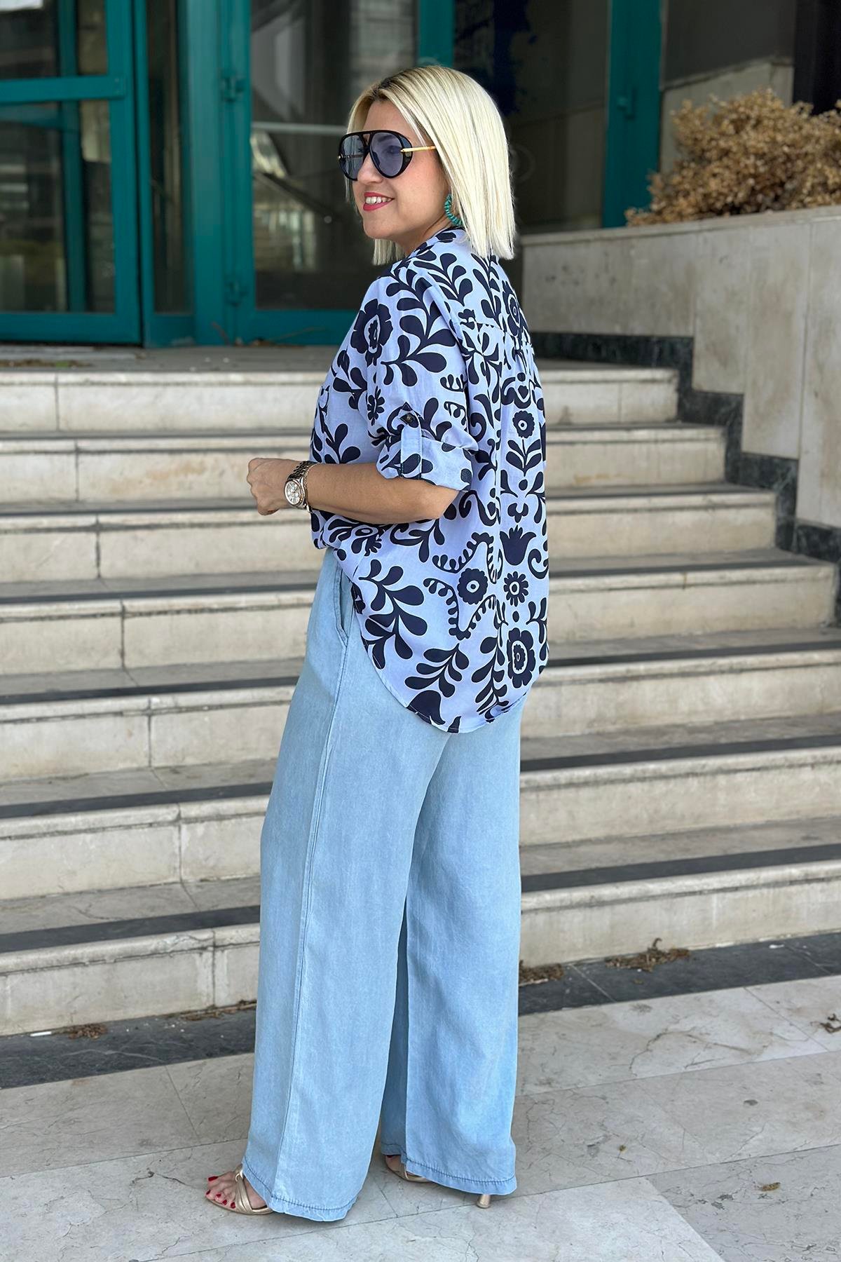 Mavi Çiçek Desenli Cotton Oval GömlekUG02412118-MAVI-STD