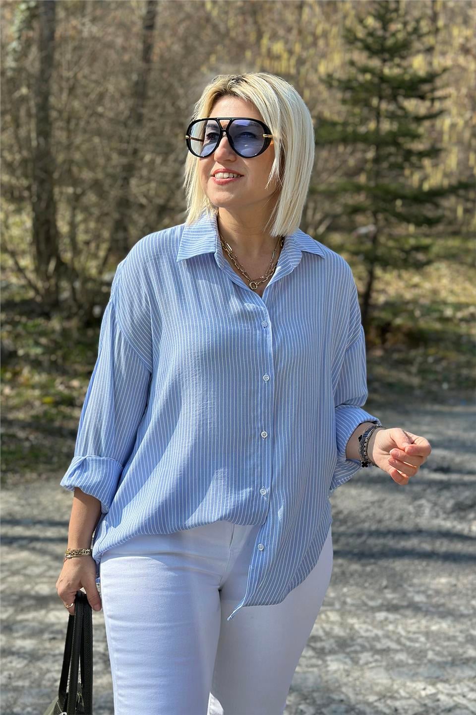 Mavi Çizgili Cotton Salaş GömlekUG02412111-MAVI-STD