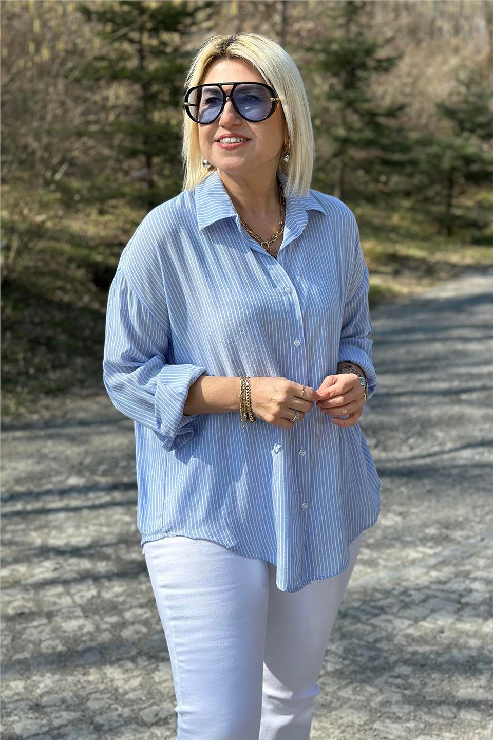 Mavi Çizgili Cotton Salaş GömlekUG02412111-MAVI-STD