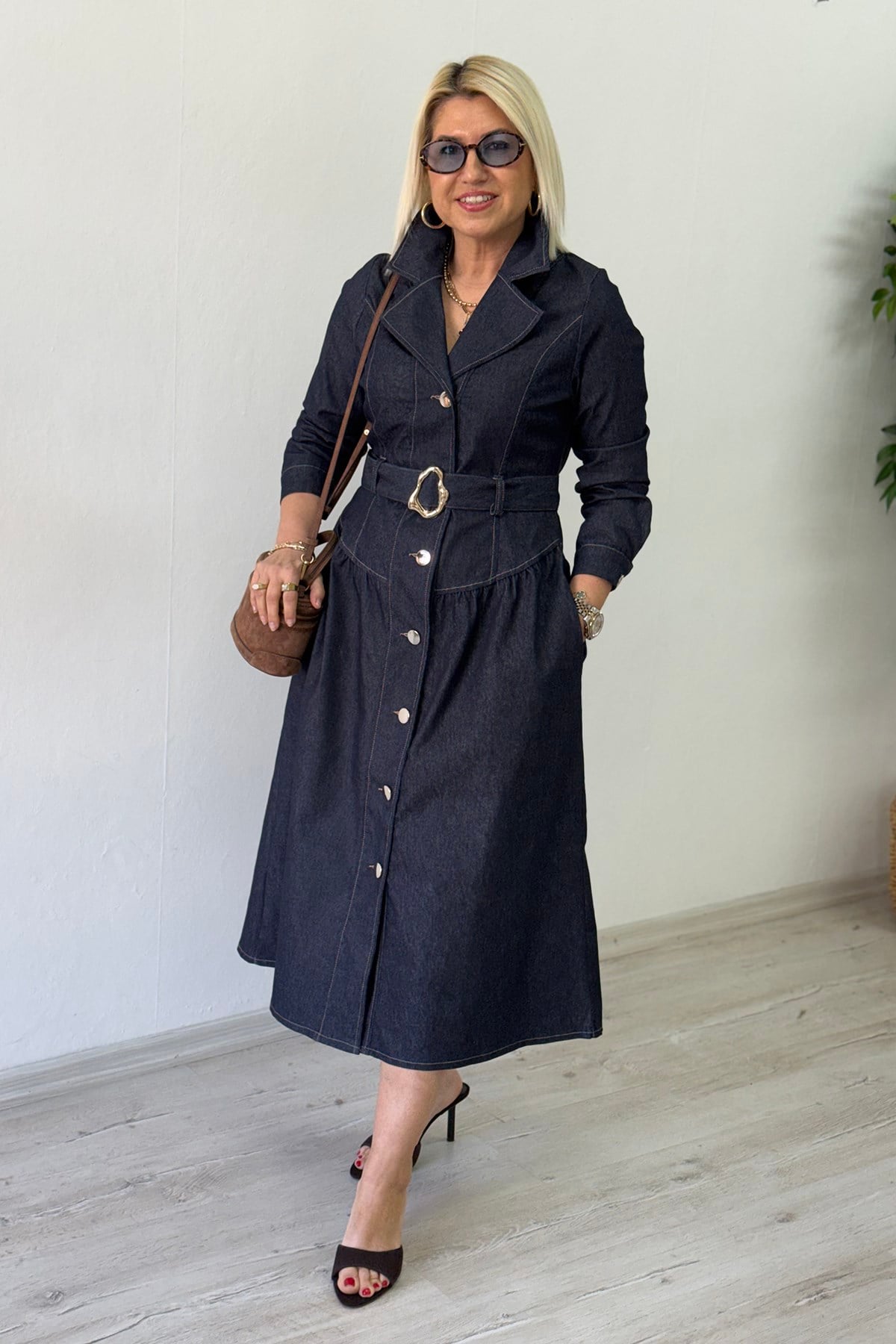 Mavi Denim Metal Düğmeli Lycralı Kemerli ElbiseELB26001015-MAVI-S
