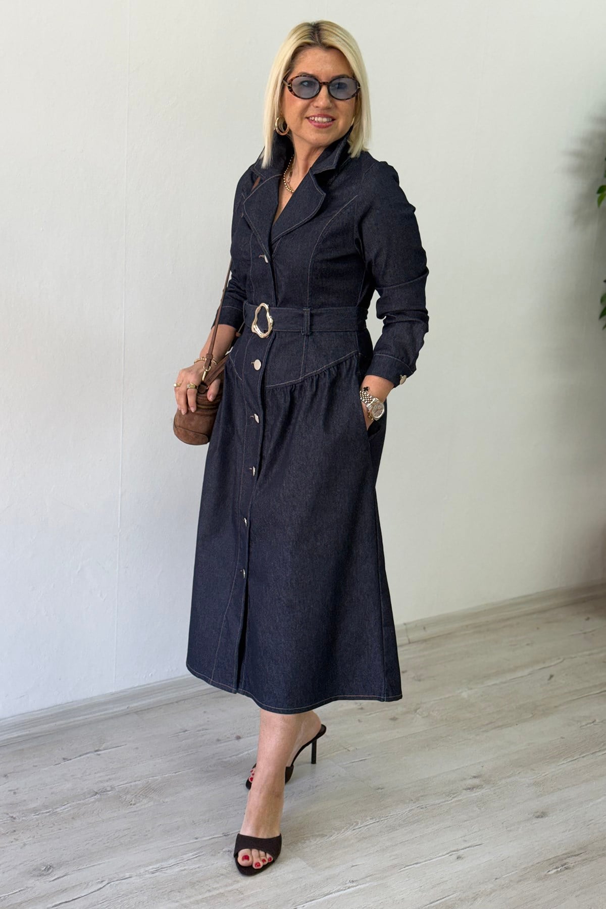 Mavi Denim Metal Düğmeli Lycralı Kemerli ElbiseELB26001015-MAVI-S