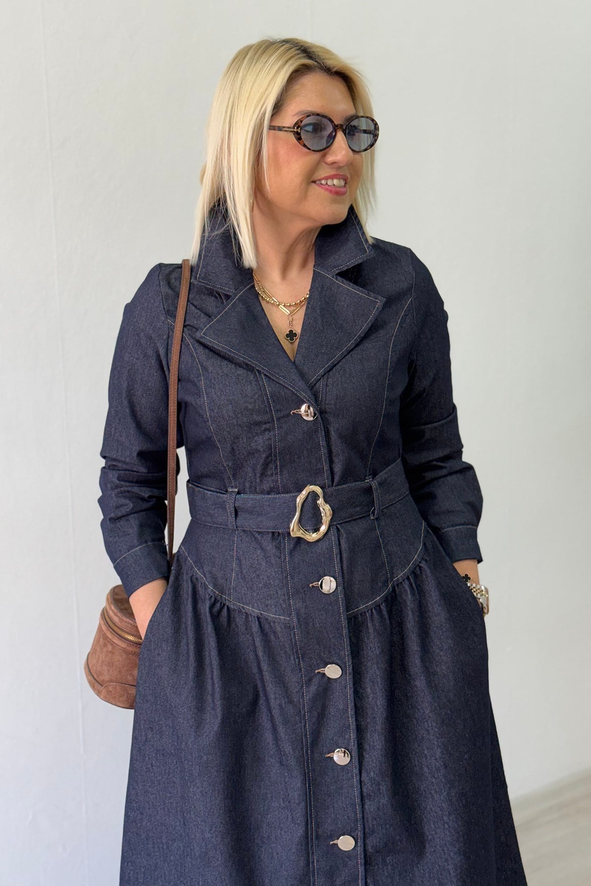 Mavi Denim Metal Düğmeli Lycralı Kemerli ElbiseELB26001015-MAVI-S